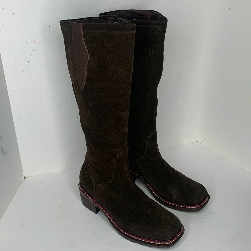 Pollini Way Out brown suede square toe riding boots